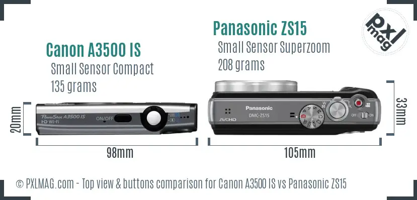 Canon A3500 IS vs Panasonic ZS15 top view buttons comparison