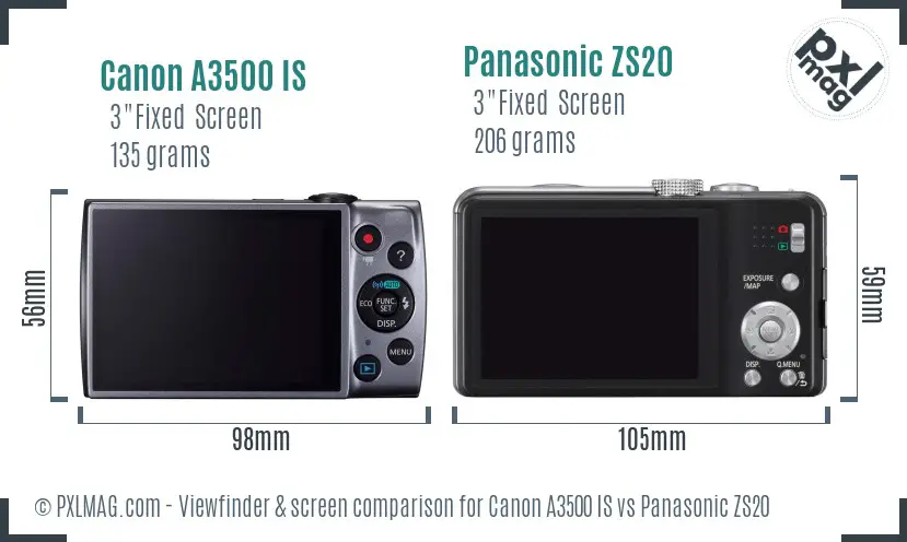 Canon A3500 IS vs Panasonic ZS20 Screen and Viewfinder comparison