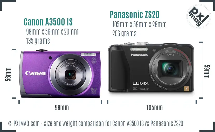 Canon A3500 IS vs Panasonic ZS20 size comparison
