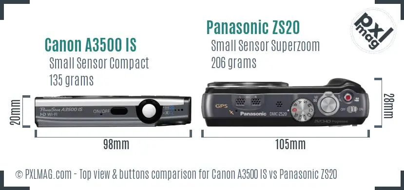 Canon A3500 IS vs Panasonic ZS20 top view buttons comparison