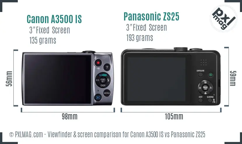 Canon A3500 IS vs Panasonic ZS25 Screen and Viewfinder comparison