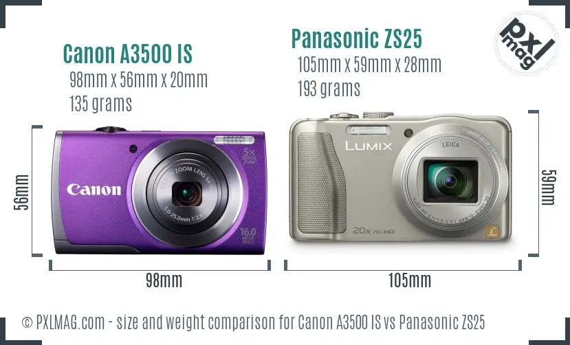 Canon A3500 IS vs Panasonic ZS25 size comparison