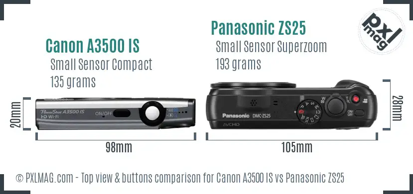 Canon A3500 IS vs Panasonic ZS25 top view buttons comparison