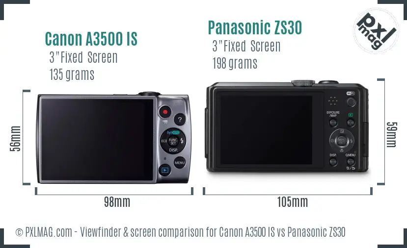 Canon A3500 IS vs Panasonic ZS30 Screen and Viewfinder comparison