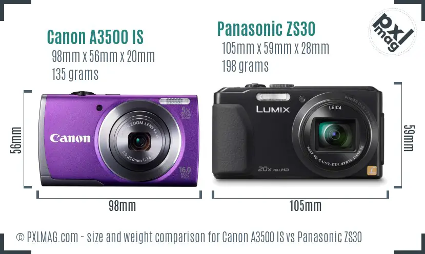 Canon A3500 IS vs Panasonic ZS30 size comparison