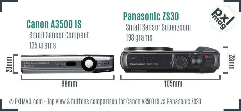 Canon A3500 IS vs Panasonic ZS30 top view buttons comparison