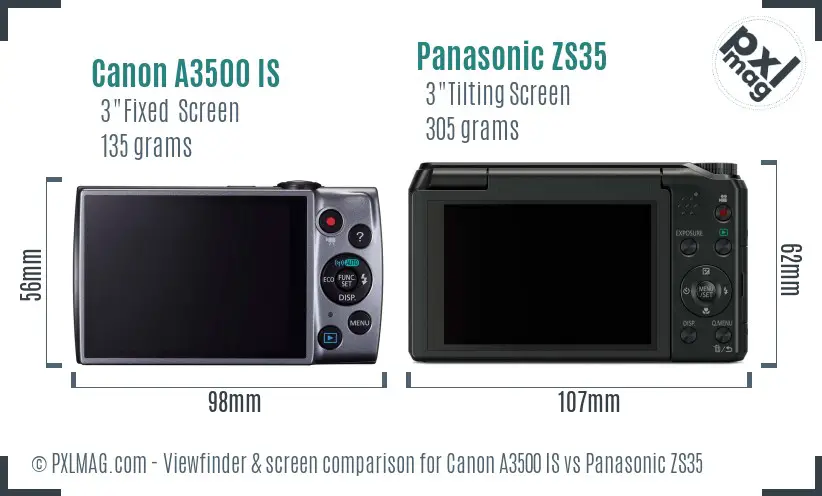 Canon A3500 IS vs Panasonic ZS35 Screen and Viewfinder comparison