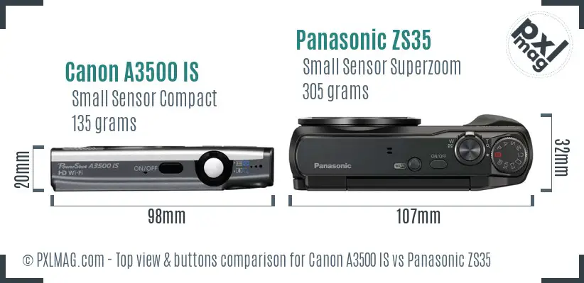 Canon A3500 IS vs Panasonic ZS35 top view buttons comparison
