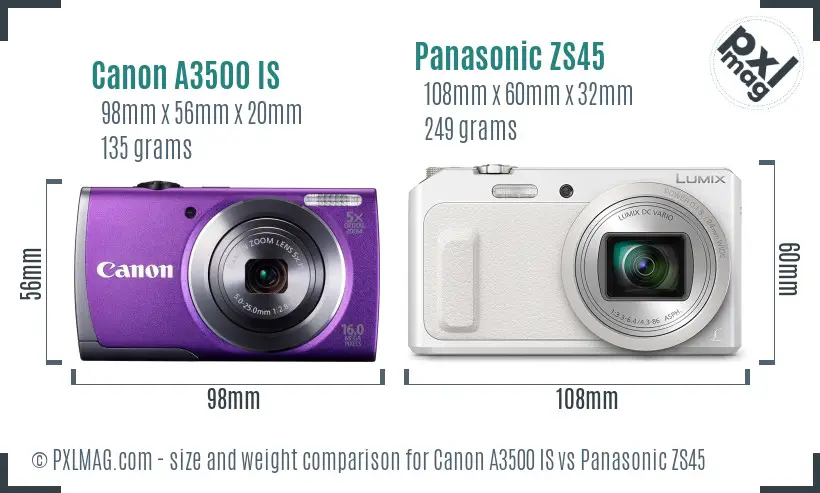 Canon A3500 IS vs Panasonic ZS45 size comparison Canon A3500 IS vs Panasonic ZS45 size comparison