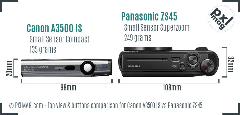 Canon A3500 IS vs Panasonic ZS45 top view buttons comparison Canon A3500 IS vs Panasonic ZS45 top view buttons comparison