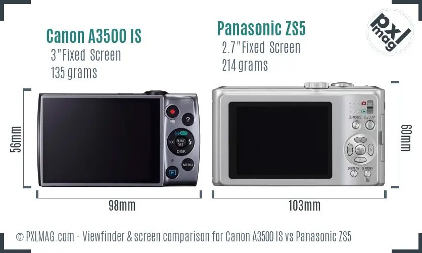 Canon A3500 IS vs Panasonic ZS5 Screen and Viewfinder comparison Canon A3500 IS vs Panasonic ZS5 Screen and Viewfinder comparison