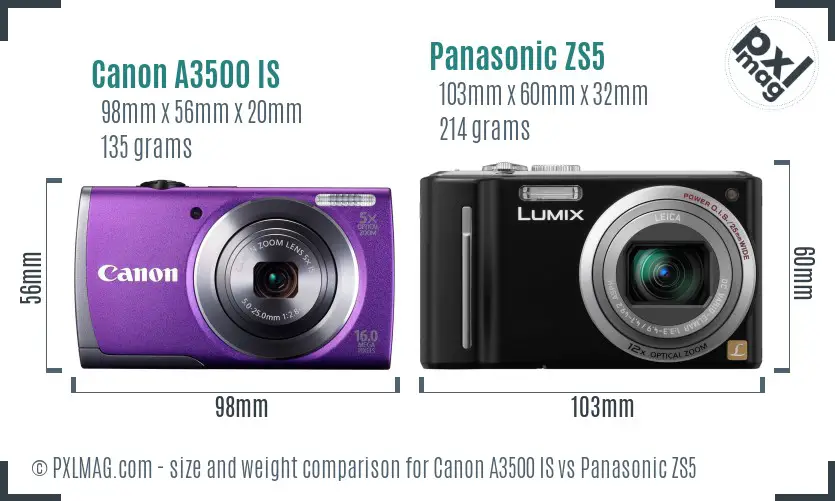 Canon A3500 IS vs Panasonic ZS5 size comparison Canon A3500 IS vs Panasonic ZS5 size comparison