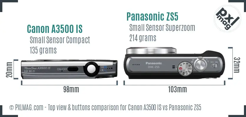 Canon A3500 IS vs Panasonic ZS5 top view buttons comparison Canon A3500 IS vs Panasonic ZS5 top view buttons comparison