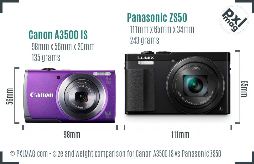 Canon A3500 IS vs Panasonic ZS50 size comparison Canon A3500 IS vs Panasonic ZS50 size comparison