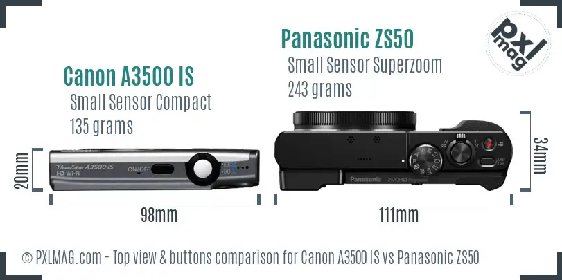 Canon A3500 IS vs Panasonic ZS50 top view buttons comparison Canon A3500 IS vs Panasonic ZS50 top view buttons comparison