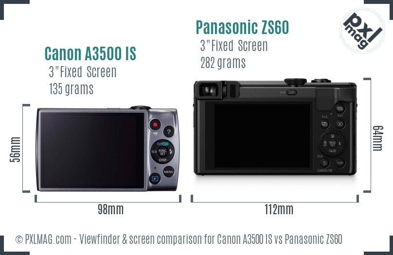 Canon A3500 IS vs Panasonic ZS60 Screen and Viewfinder comparison