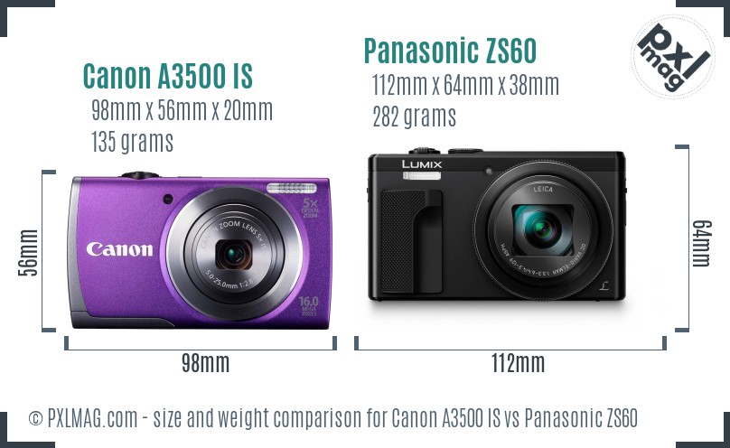 Canon A3500 IS vs Panasonic ZS60 size comparison