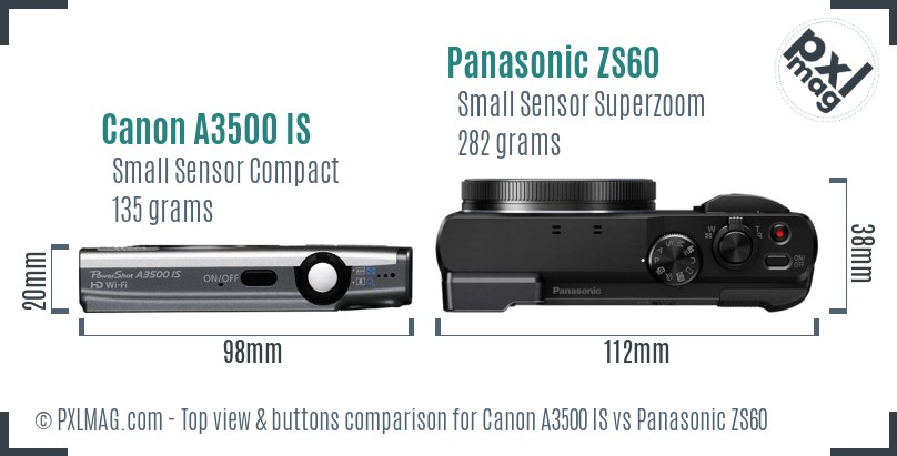 Canon A3500 IS vs Panasonic ZS60 top view buttons comparison