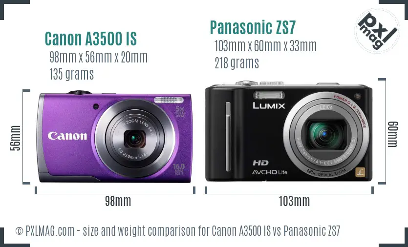 Canon A3500 IS vs Panasonic ZS7 size comparison