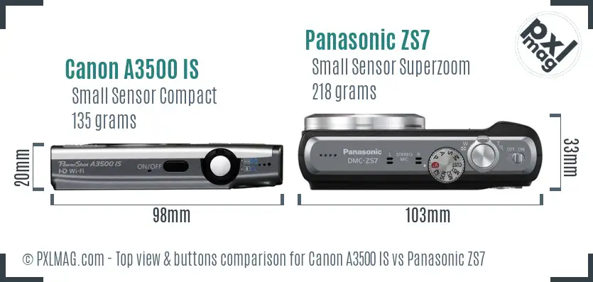 Canon A3500 IS vs Panasonic ZS7 top view buttons comparison