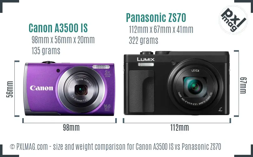 Canon A3500 IS vs Panasonic ZS70 size comparison