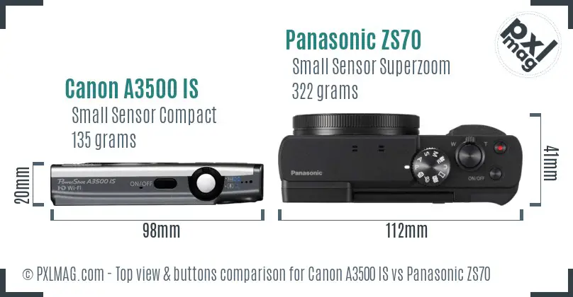 Canon A3500 IS vs Panasonic ZS70 top view buttons comparison