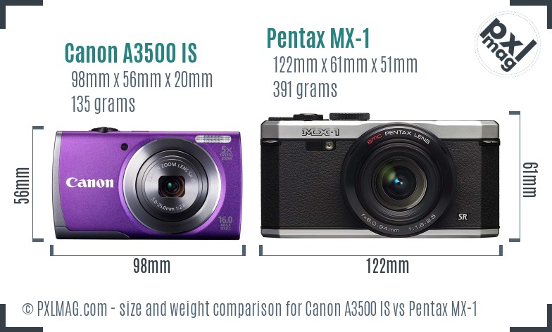 Canon A3500 IS vs Pentax MX-1 size comparison