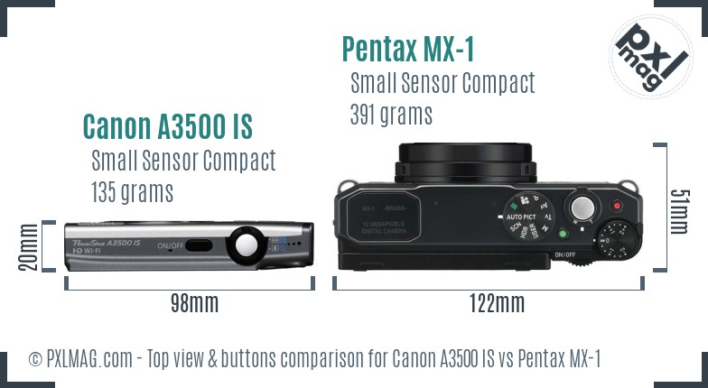 Canon A3500 IS vs Pentax MX-1 top view buttons comparison