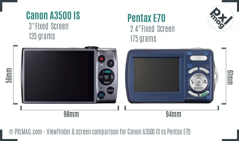 Canon A3500 IS vs Pentax E70 Screen and Viewfinder comparison
