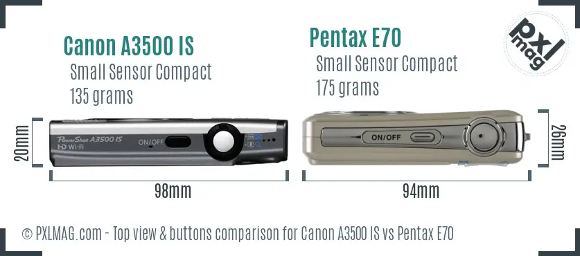 Canon A3500 IS vs Pentax E70 top view buttons comparison