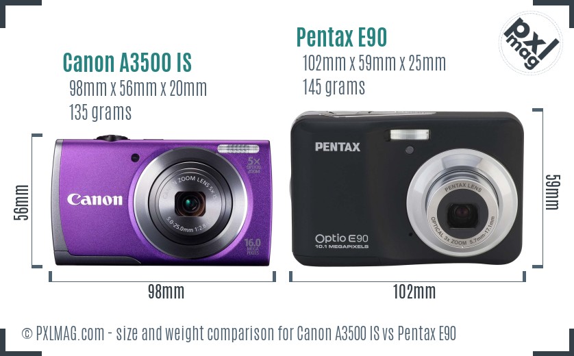 Canon A3500 IS vs Pentax E90 size comparison