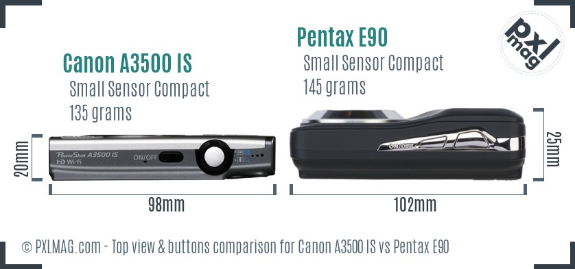 Canon A3500 IS vs Pentax E90 top view buttons comparison