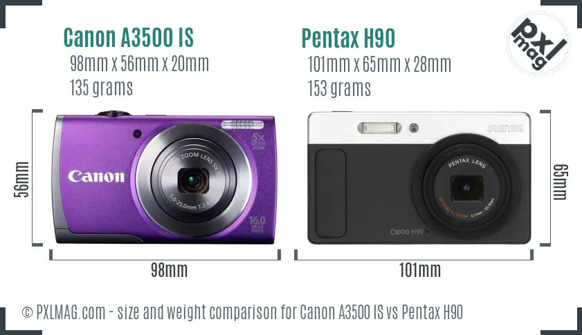 Canon A3500 IS vs Pentax H90 size comparison