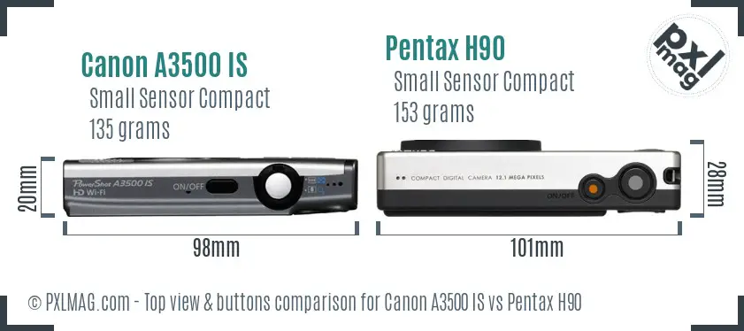 Canon A3500 IS vs Pentax H90 top view buttons comparison