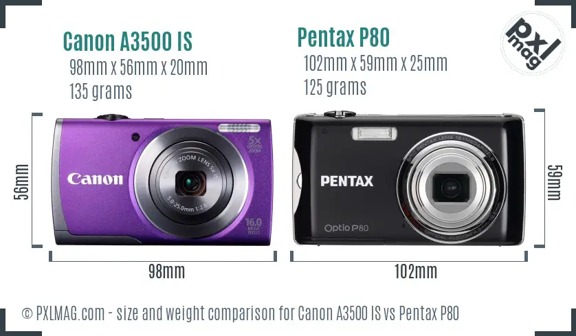 Canon A3500 IS vs Pentax P80 size comparison
