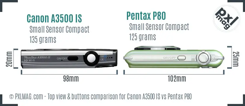 Canon A3500 IS vs Pentax P80 top view buttons comparison