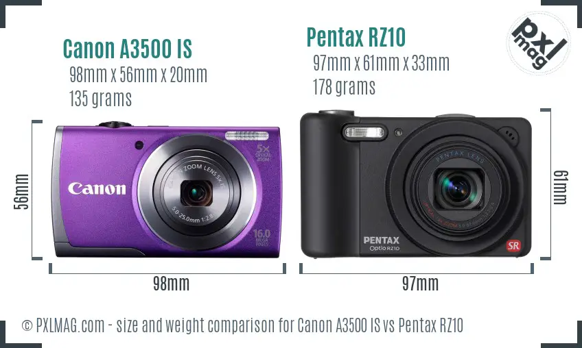 Canon A3500 IS vs Pentax RZ10 size comparison