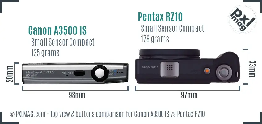 Canon A3500 IS vs Pentax RZ10 top view buttons comparison