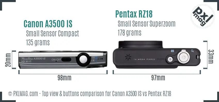 Canon A3500 IS vs Pentax RZ18 top view buttons comparison
