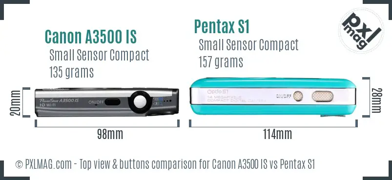 Canon A3500 IS vs Pentax S1 top view buttons comparison Canon A3500 IS vs Pentax S1 top view buttons comparison
