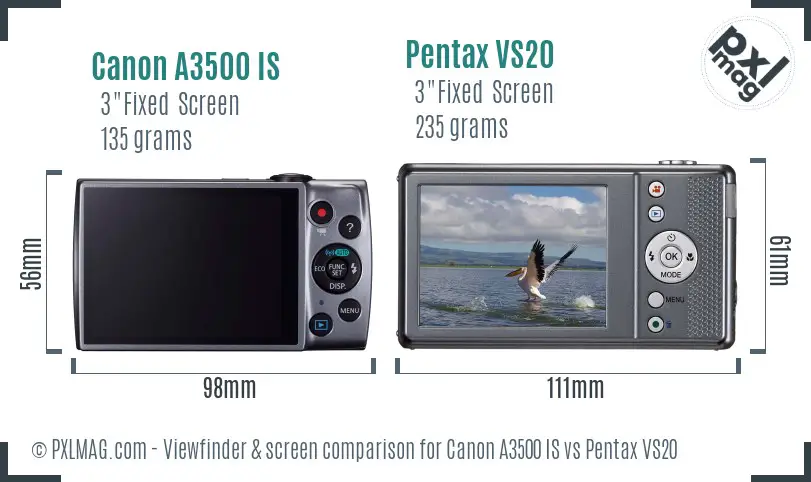 Canon A3500 IS vs Pentax VS20 Screen and Viewfinder comparison