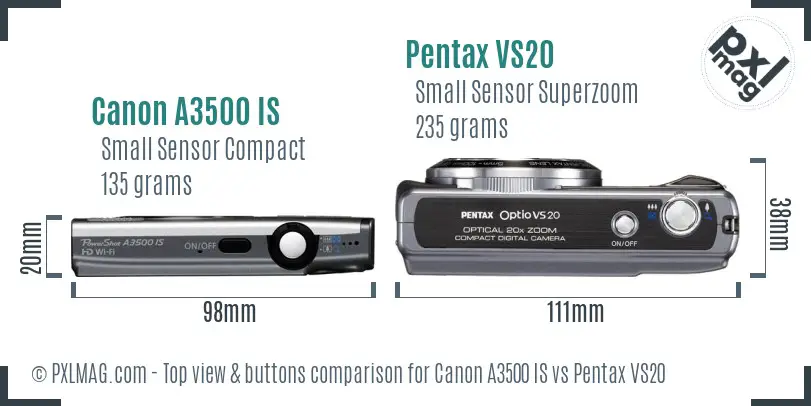 Canon A3500 IS vs Pentax VS20 top view buttons comparison