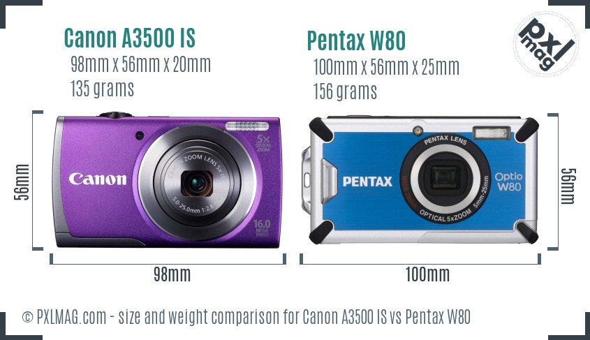 Canon A3500 IS vs Pentax W80 size comparison