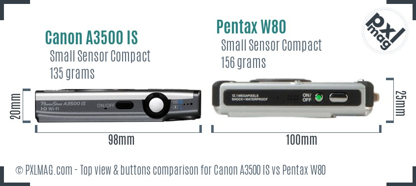 Canon A3500 IS vs Pentax W80 top view buttons comparison