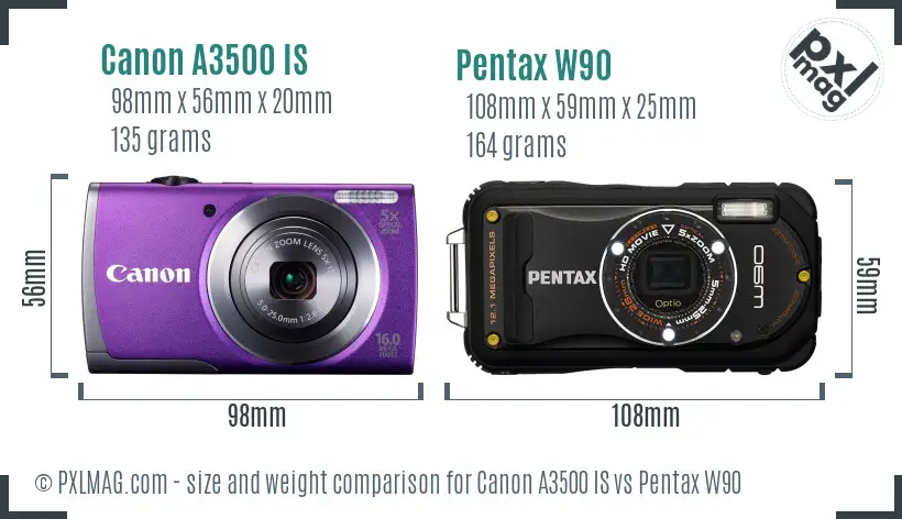 Canon A3500 IS vs Pentax W90 size comparison