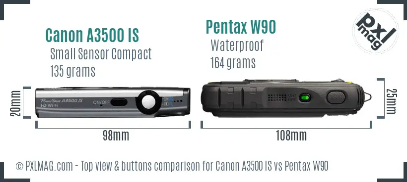 Canon A3500 IS vs Pentax W90 top view buttons comparison
