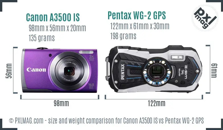 Canon A3500 IS vs Pentax WG-2 GPS size comparison