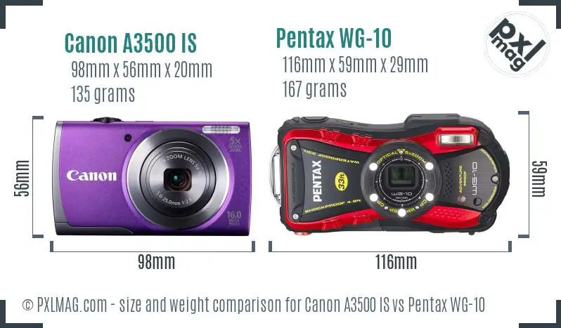 Canon A3500 IS vs Pentax WG-10 size comparison