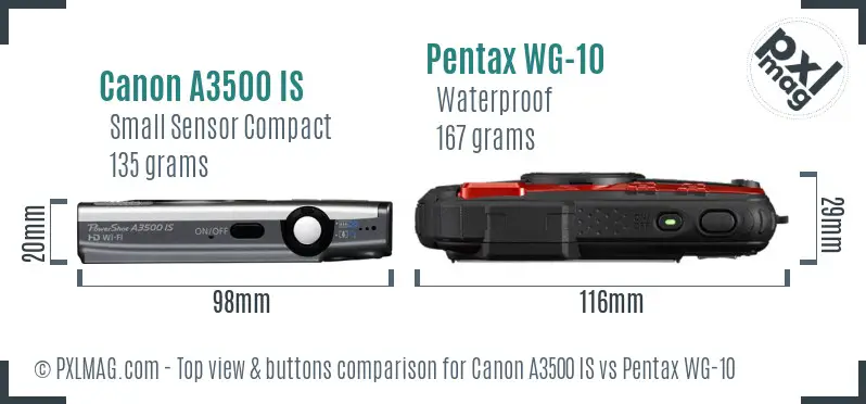 Canon A3500 IS vs Pentax WG-10 top view buttons comparison