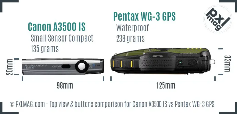 Canon A3500 IS vs Pentax WG-3 GPS top view buttons comparison Canon A3500 IS vs Pentax WG-3 GPS top view buttons comparison